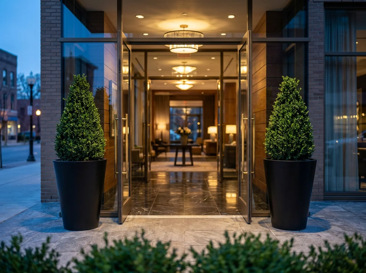 Aluminum planters installed in a hotel lobby entrance