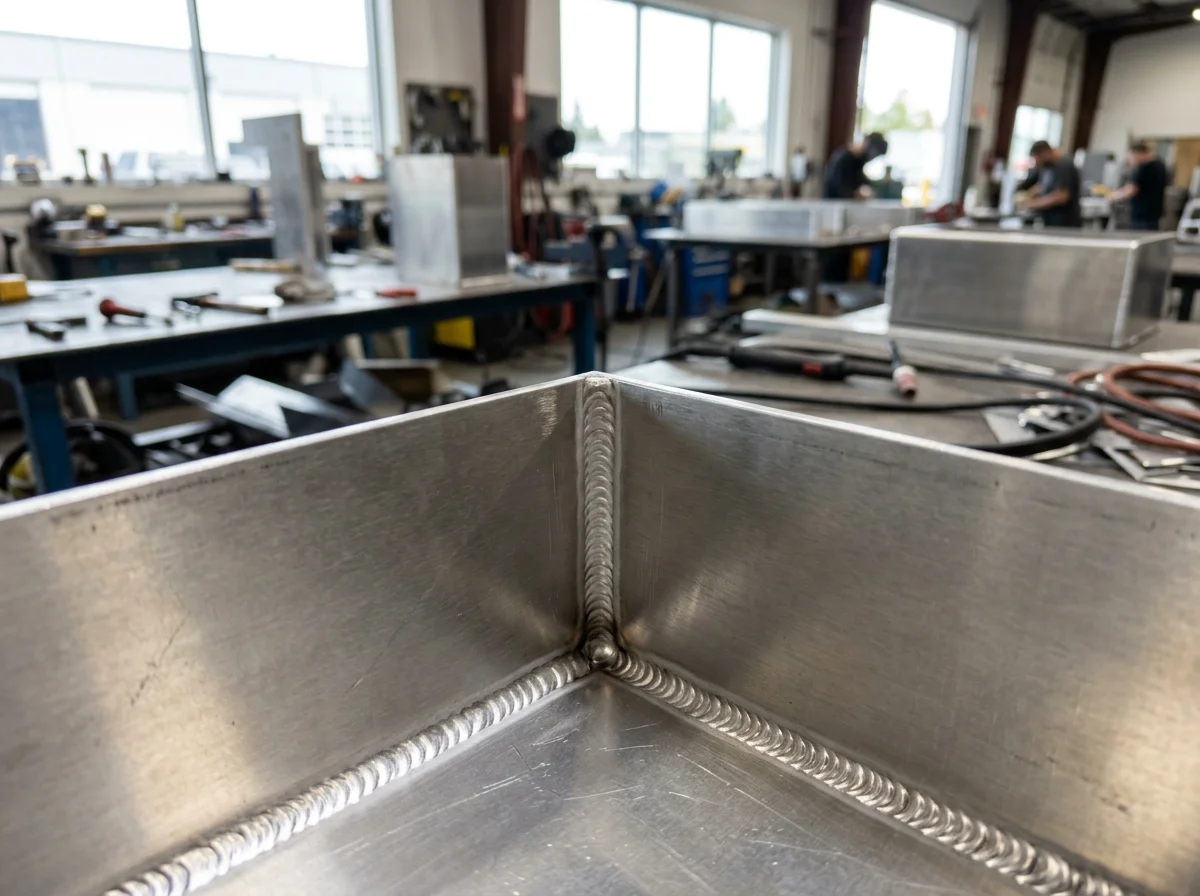 Close-up of TIG weld seam quality on aluminum planter